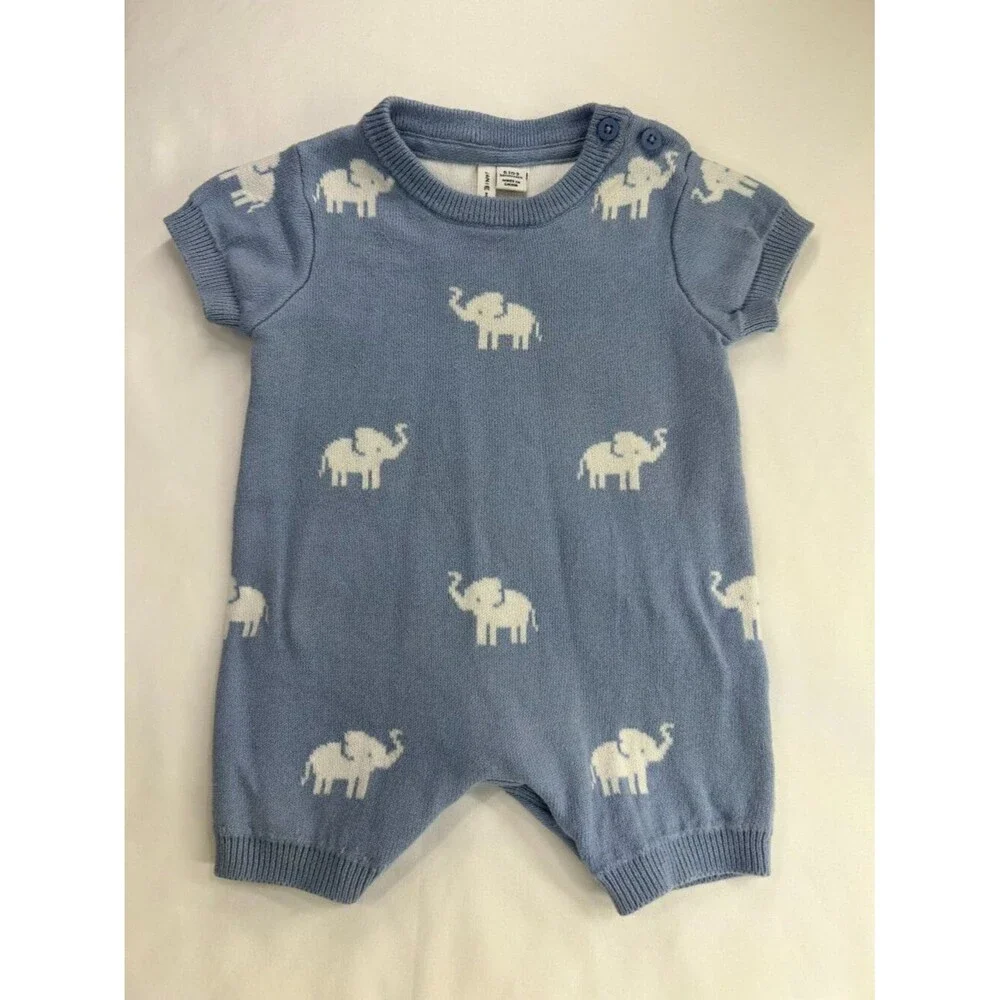 Janie and Jack Baby Boy 0-3M Light Blue Elephant Romper Preppy Heirloom